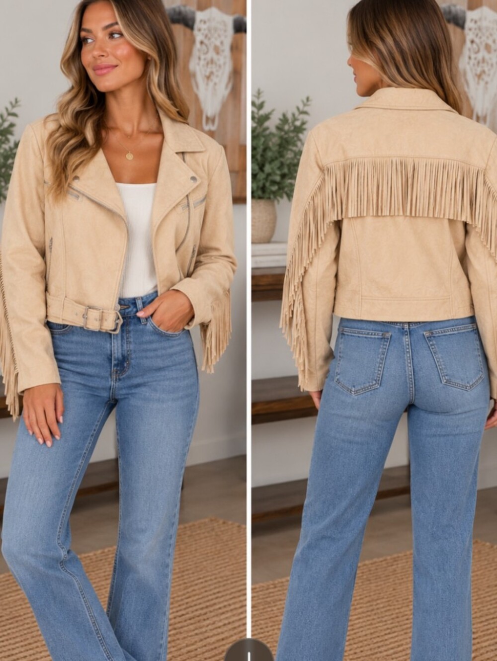 IRO Beige Fringe Suede Moto Jacket